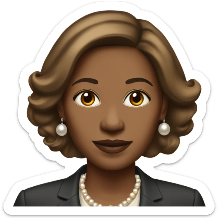 African American lady in her late 40 with brown hair and light brown straight hair. Has a suit on with pearl earrings and necklas sticker