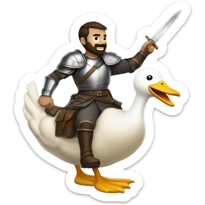 Confident armored White Man with dark brown hair and a short beard pointing forward with one arm holding a sword and yelling a battle charge while riding on the back of a giant duck sticker