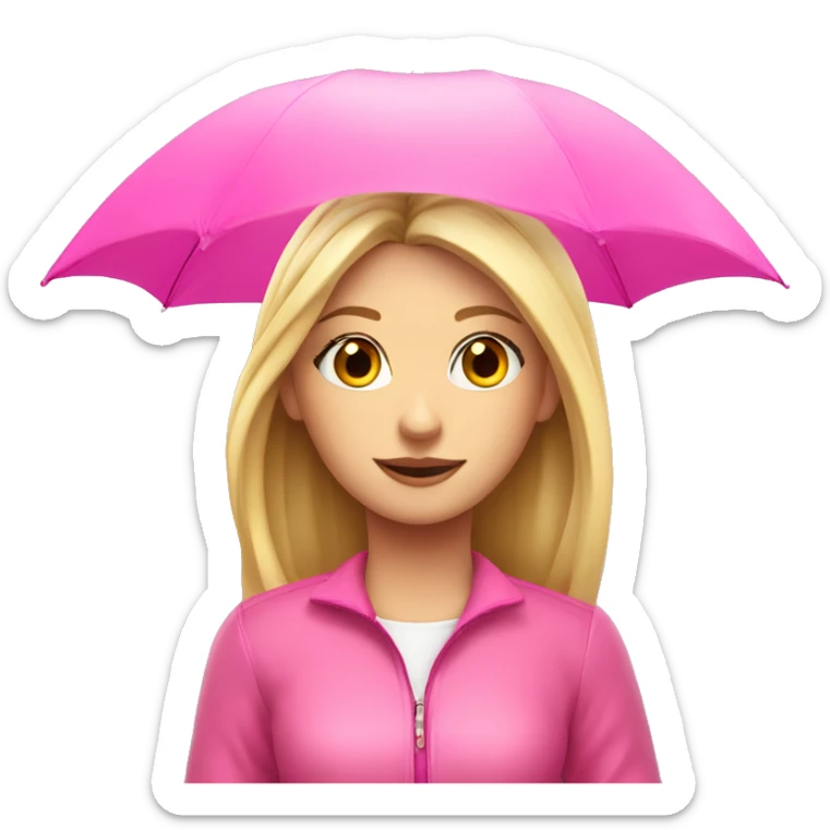 Blond girl holding pink umbrella above head in pink outfit sticker