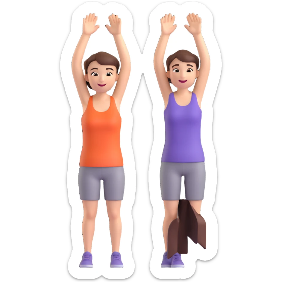 short-haired woman in a sleeveless top, arms raised, cheerful, minimal background sticker