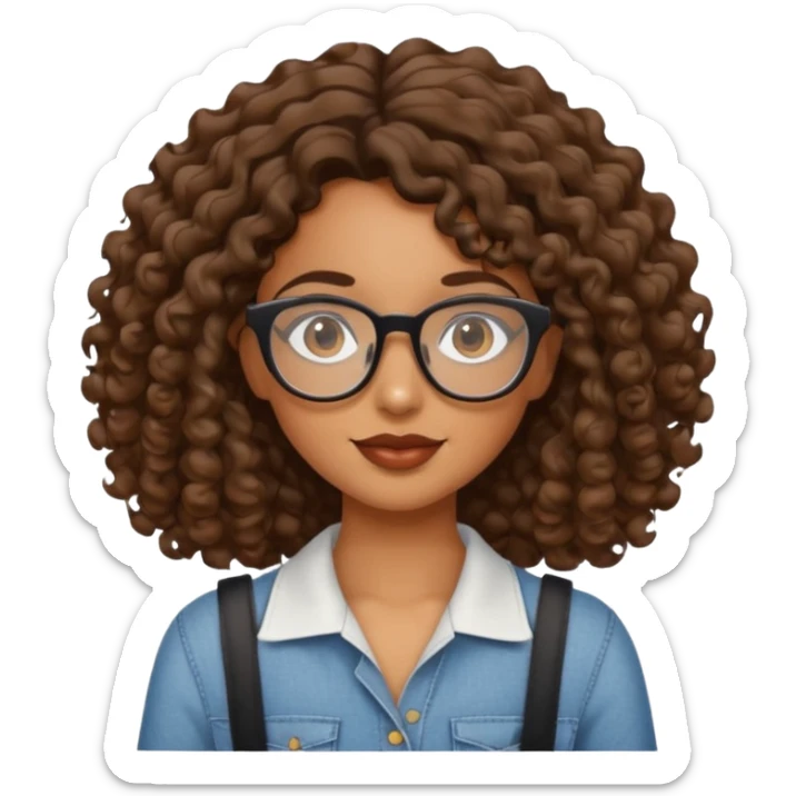 brown girl with wavy curly shoulder length hair. glasses, sticker