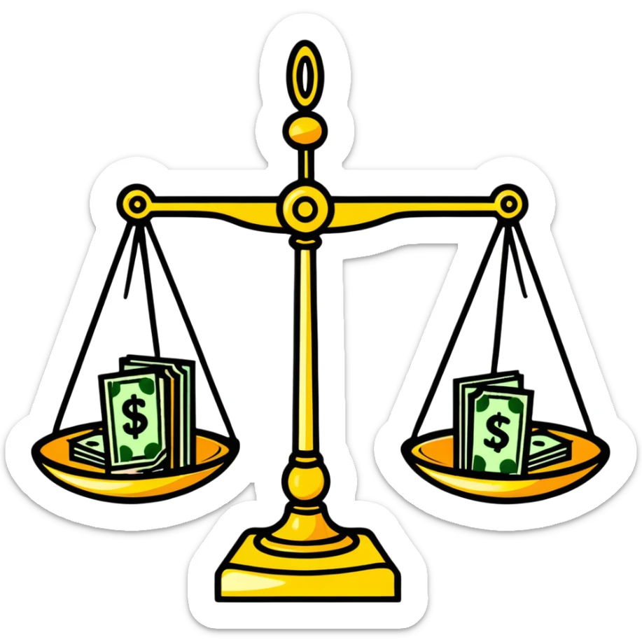 A decorative gold balance scale with green money and dollar signs on one side and three colorful stars on the other side sticker