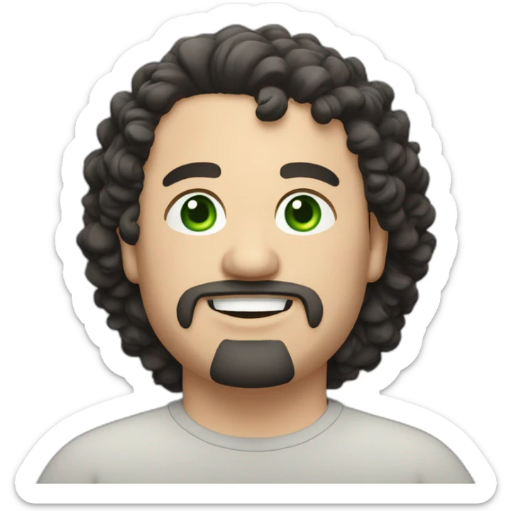 chubby caucasian man, looking 42 years old, black curly hair, green eyes, black goatee around the mouth, medium lips, smiling. sticker