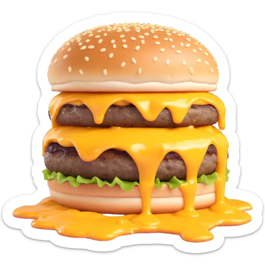 3D illustration of a burger with melted cheese dripping, sesame bun, realistic style sticker