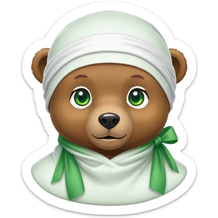 Adorable small brown bear face with green eyes wearing a white silk durag tied at the back, urban style, iOS emoji style sticker