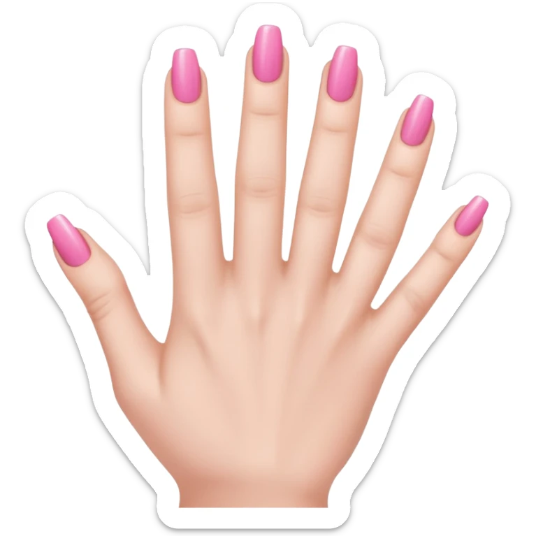  pink  close-up of a human hand with exactly five fingers, beautifully manicured nails, glossy pink nail polish, elegant nail shape, soft lighting, realistic style, isolated on transparent background" sticker
