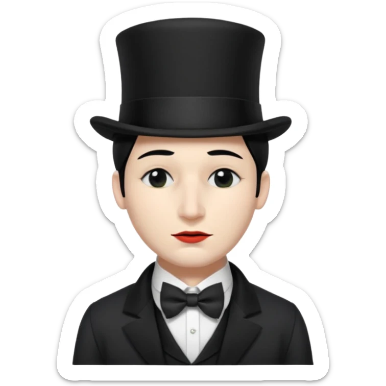 A man with snow white skin, a black half mask with an eye hole, a black top hat, a black vest with a black tie tucked underneath, and a white collared shirt. Closed eyes. sticker