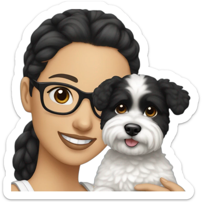woman-black hair-bun-with glasses-with bichon dog-white-smile sticker