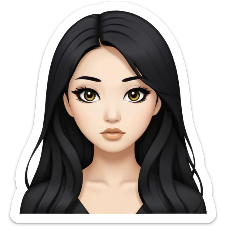 black hair, black eyes, asian baddie,pretty makeup, strong makeup, black eyeliner, long hair sticker