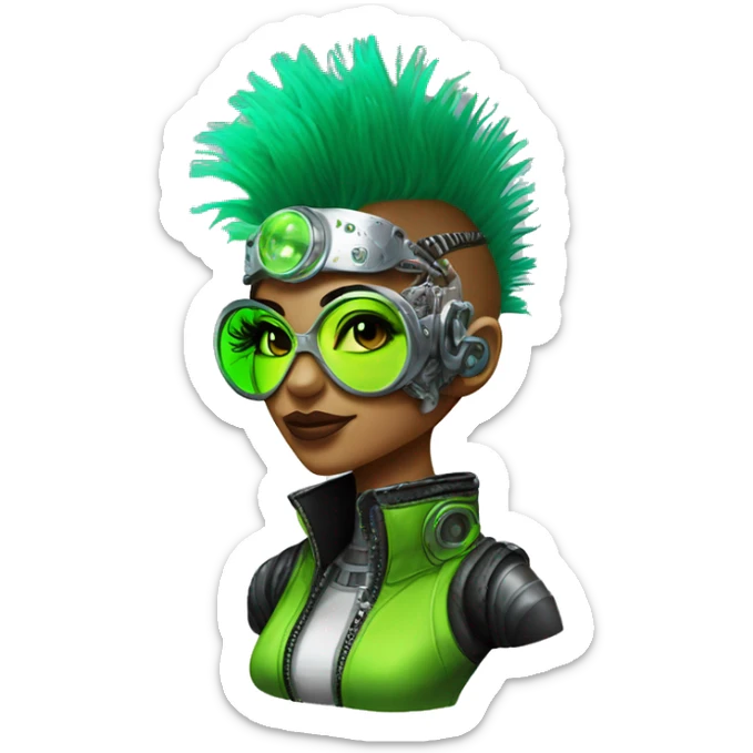 Neon green Mohawk hair Latina female cyborg head with silver steampunk goggles and circuits sticker
