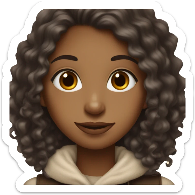Light brown girl with long black curly hair and a hot chocolate sticker