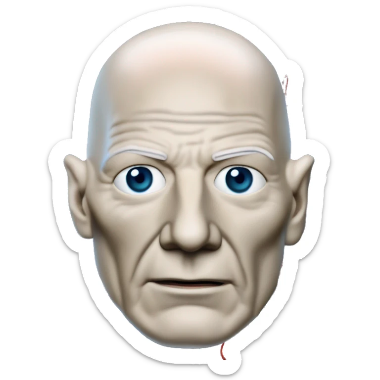 Jean luc picard from Star Trek assimilated by the Borg, with mechanical metal covering only the left side of his face, with wires and a red light on the left side. Both his eyes are unobstructed and are human blue eyes. sticker