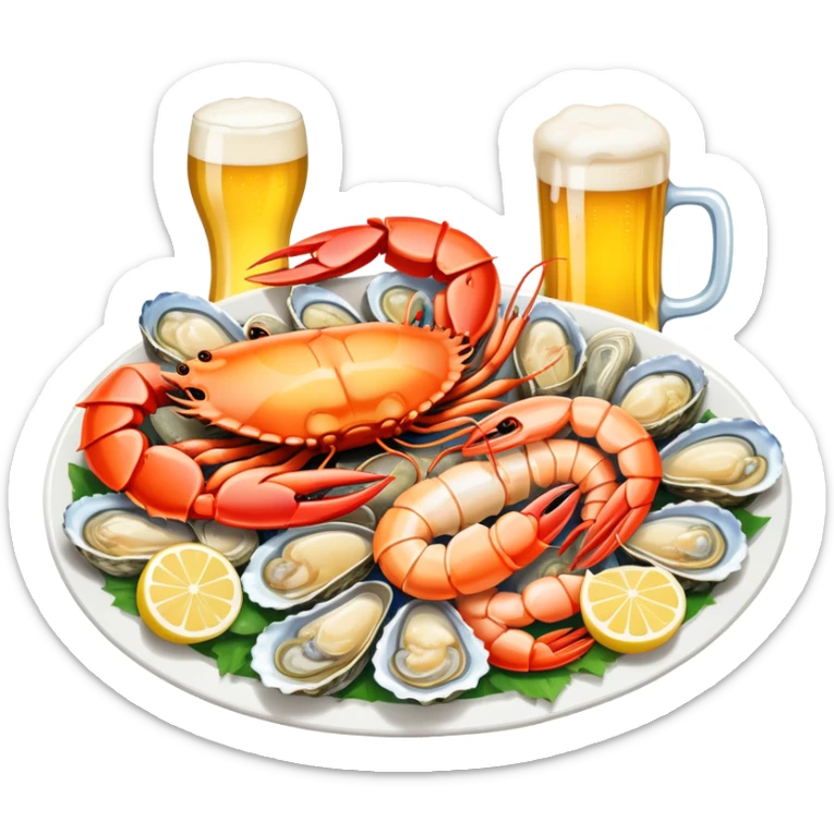 Qingdao seafood with beer, simplified emoji style with bold outlines and bright colors, cartoon style Chinese seafood platter with yellow beer sticker