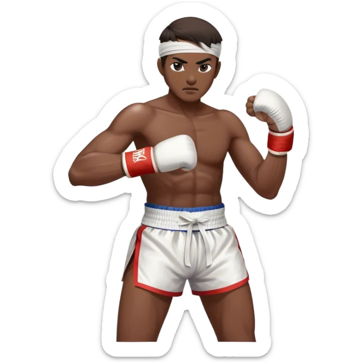 ​Cinematic Realistic Traditional Muay Thai Fighter, depicted in authentic attire featuring white bandaged gloves wrapped around his fists, a traditional headband tied neatly, and classic Muay Thai shorts, captured in a dynamic fighting stance under dramatic, high-energy lighting that highlights the raw power and elegance of the art, sticker