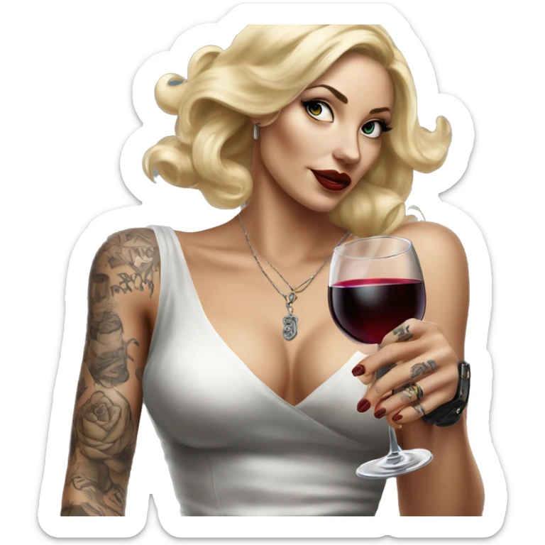 Blonde elegant women, her body covered with tattoos, wine in her one hand, pointing on you with her other hand , Hyper realistic sticker