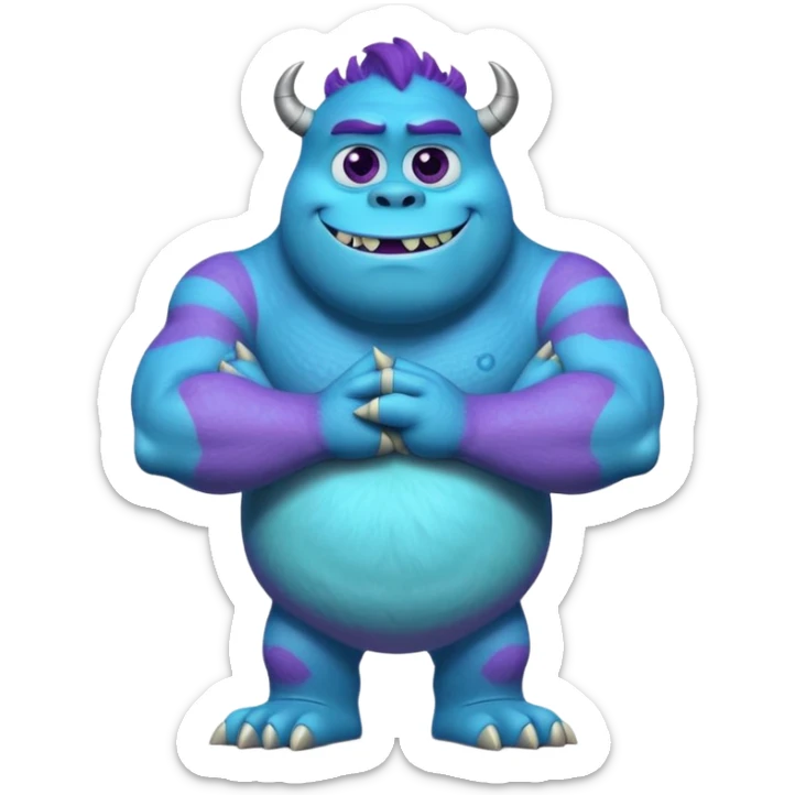 James P. Sullivan Sulley from Monsters Inc, standing with arms crossed, confident, blue and purple, cartoon monster, style matching confident Mike Wazowski sticker