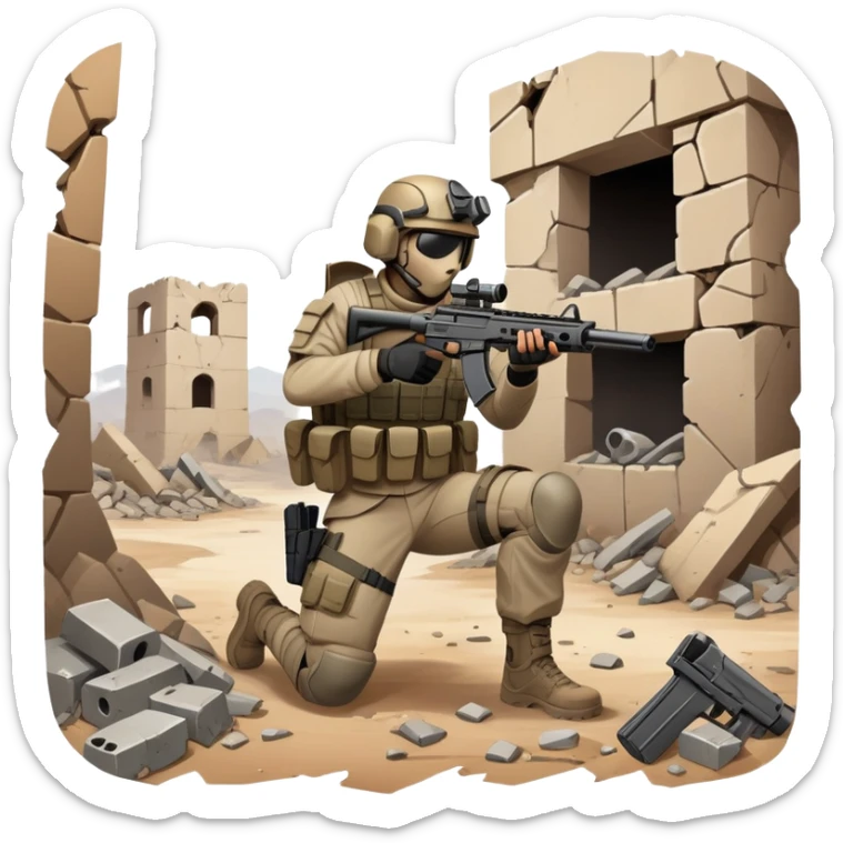 A skilled airsoft player in tactical gear, aiming a gun and shooting metal BBs in a desolate, ruined landscape. The setting is filled with broken walls and debris, creating a tense atmosphere of strategy and precision in a high-stakes tactical environment sticker