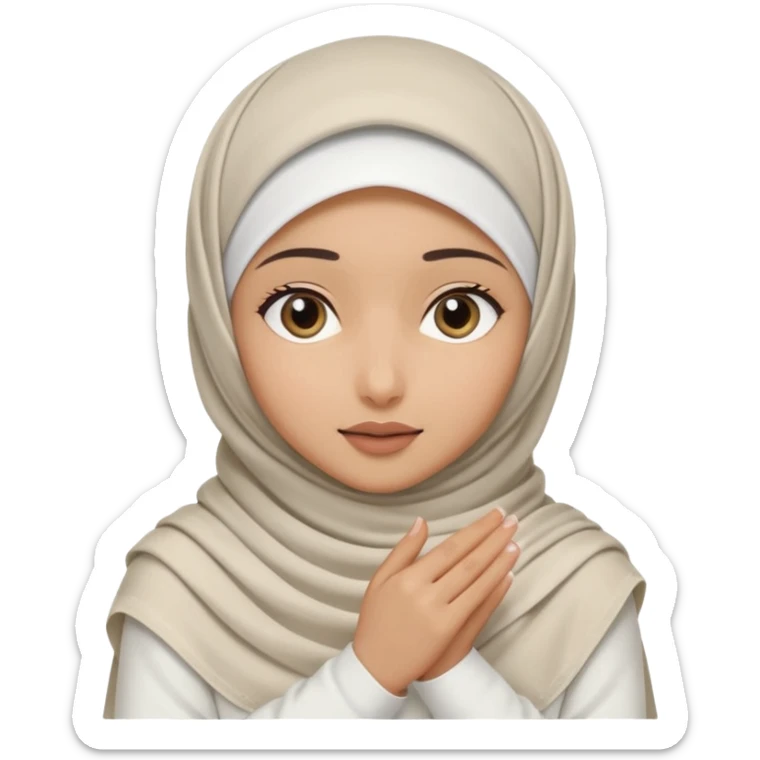 Hijabi girl sitting.     head covered
hands pulling the fabric in
shy-but-dramatic energy
“no cameras pls” but in a cute way
soft + mysterious vibe sticker