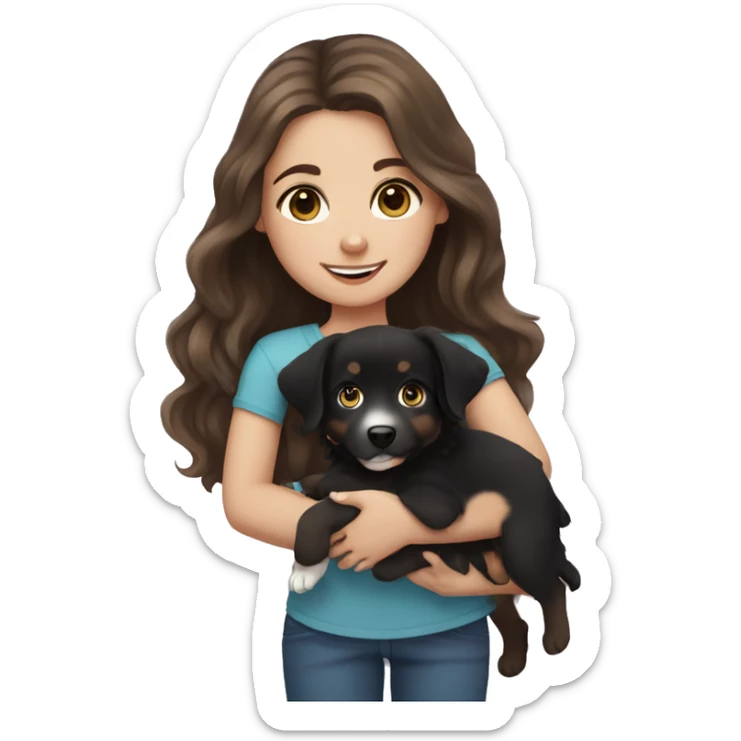 girl with brown hair and blue eyes holding black australian shepherd puppy sticker