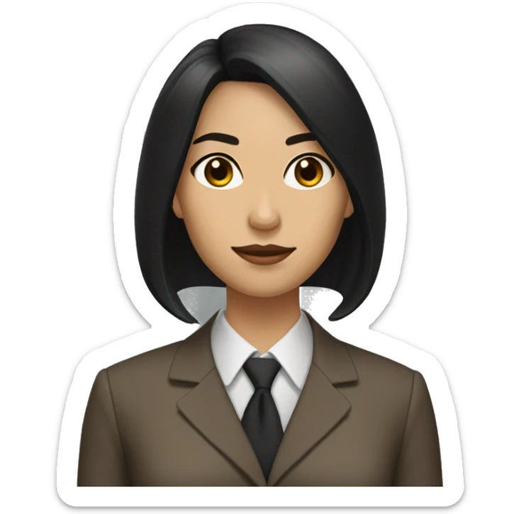 Female defense attorney with long black hair with brown suit sticker