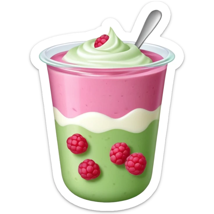 Fruits like yogurt, raspberries, probiotik, in 3d view, aesthetic! Show the green or pink colour sticker