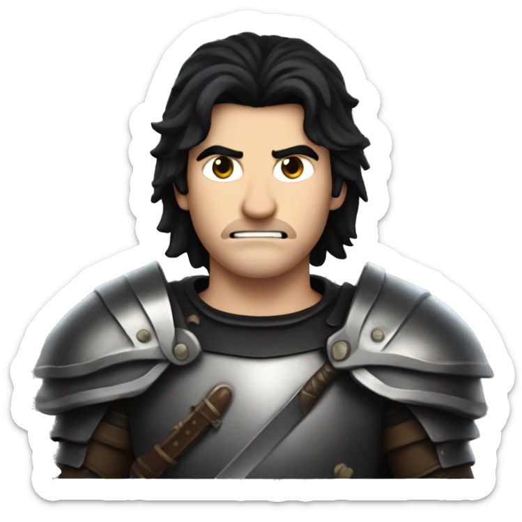 white guy with black hair and leather armor with a big sword and an angry face sticker