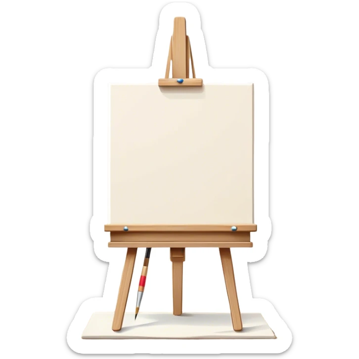 A simple, modern flat-style illustration of a blank canvas on a wooden easel, with a small paintbrush resting against it. The scene is clean and minimal, with a subtle glow or a few tiny sparkles around the canvas, symbolizing creativity and new possibilities. No clutter, soft neutral background, perfect for an empty state UI. sticker