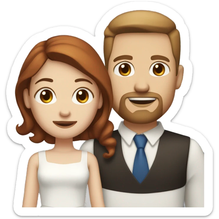 a white man with blue eyes, medium length light brown hair, goatee, and a girl with dark red hair, brown eyes, married sticker