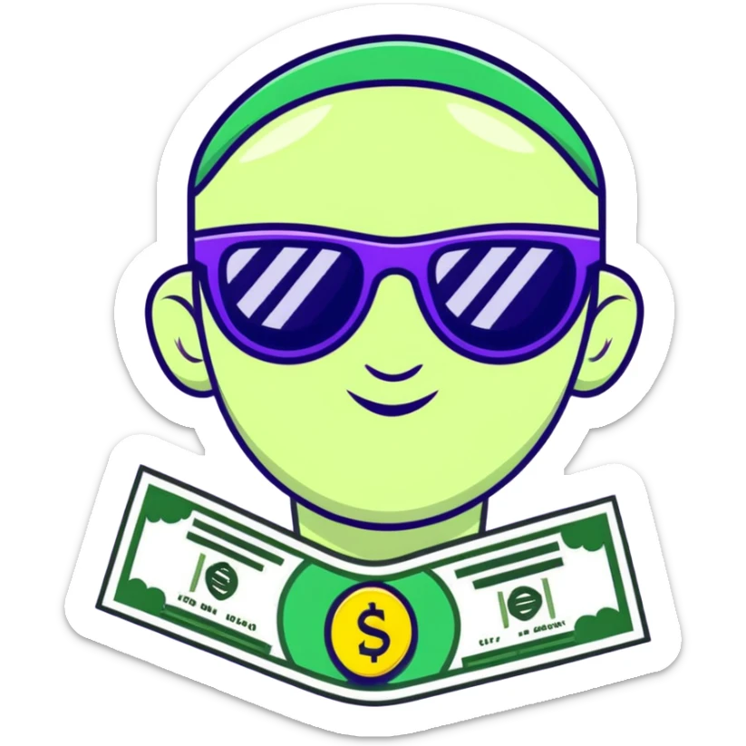 yellow face with green money signs for eyes, wearing slightly transparent black sunglasses, money symbols on face sticker