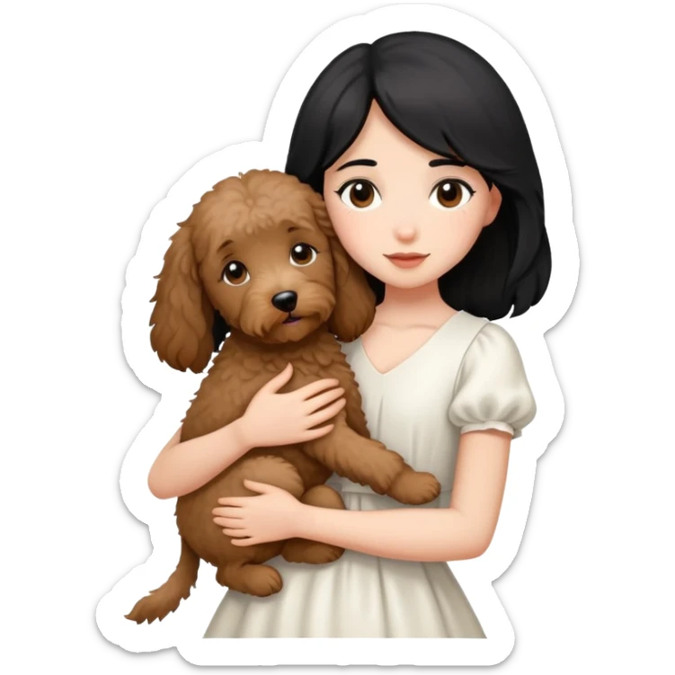 One girl with medium long black hair dressing white dress , hugging One little brown coated labradoodle. sticker
