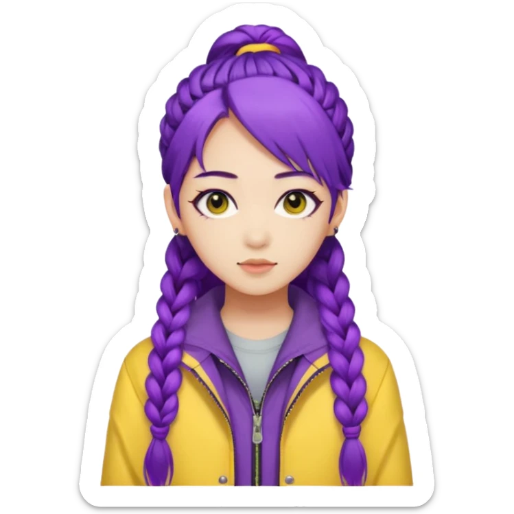 kpop hunters Rumi purple hair one large braid, asian, yellow jacket and wearing eyeliner sticker