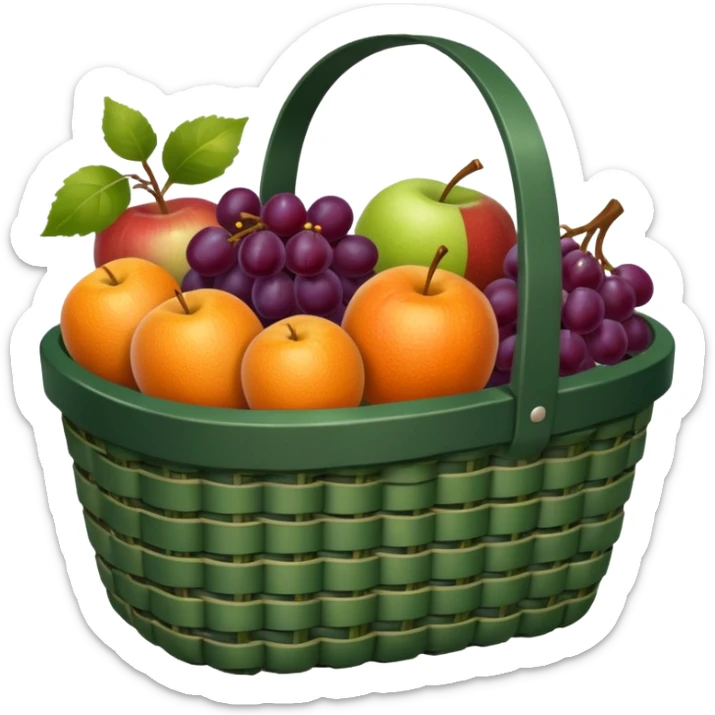 Dark green, plaid basket with both food, drink and fruits sticker