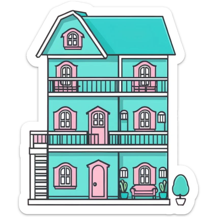 cute pastel pink dollhouse with miniature furniture sticker
