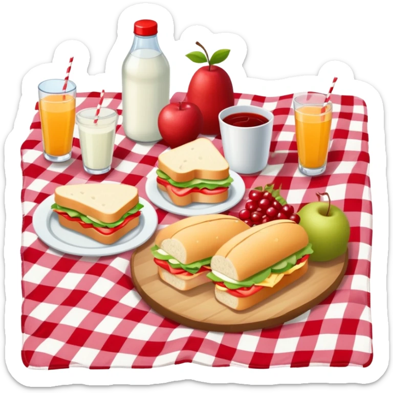 picnic with sandwiches, fruits, and drinks on a red and white checkered blanket sticker