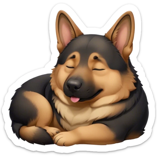 Cinematic Meme-Worthy Chubby Sleeping German Shepherd Portrait Emoji, Head resting peacefully with a blissful smile, showcasing a delightfully chubby build and a luxuriously thick tan and black coat, eyes shut in a serene nap, Simplified yet hilariously endearing features, highly detailed, glowing with a soft, drowsy light, high shine, relaxed and utterly lovable, stylized with an air of playful laziness, bright and heartwarming, soft glowing outline, capturing the essence of a comically sleepy guardian, so meme-worthy it feels like it could instantly become the next viral sensation of adorable slumber! sticker