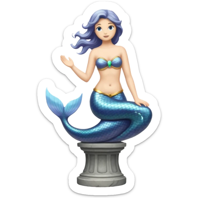 Make a mermaid statue all gray, like of stone and on a pedistal sticker