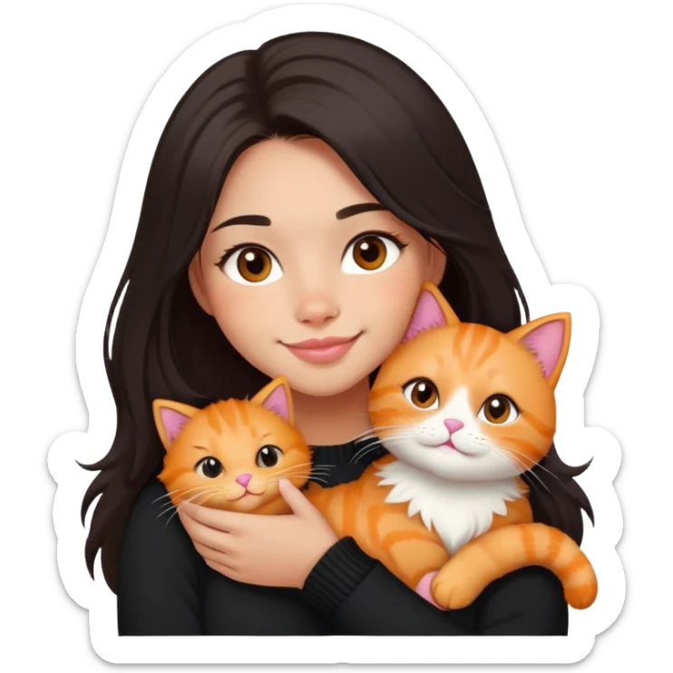 A girl with long dark hair, medium skin tone, soft round face, nose stud, and pink lips, wearing a black sweater holding a fluffy orange cat in her right arm while smiling slightly sticker