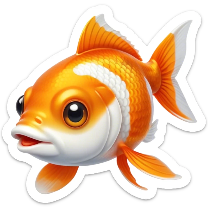 Cinematic Cute Orange and White Goldfish Portrait Emoji, Head tilted playfully and inquisitively, featuring a glossy, vibrant body adorned with a striking mix of orange and white, round, sparkling golden eyes filled with curiosity, Simplified yet irresistibly adorable features, highly detailed, glowing with a warm, friendly glow, high shine, affectionate and lively, stylized with a touch of whimsy, bright and endearing, soft glowing outline, capturing the essence of a mischievous yet loving goldfish, so playful it feels like it could swim out of the screen and into your heart! sticker