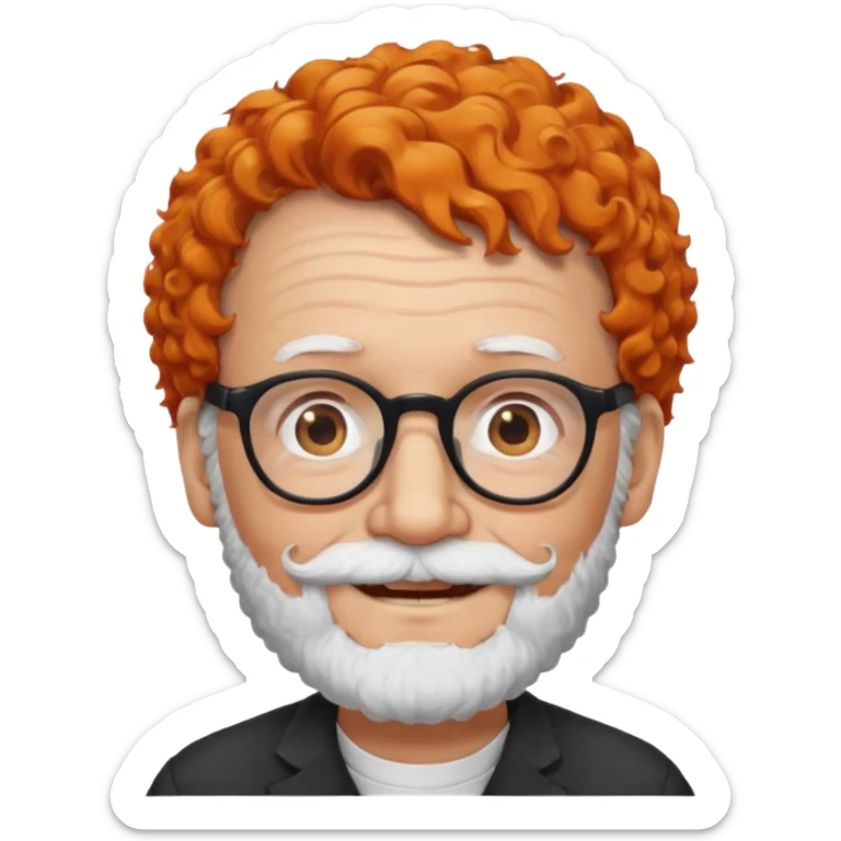 An elderly man with curly orange hair, brown eyes, black glasses, and a white beard, wearing a gentle smile. sticker