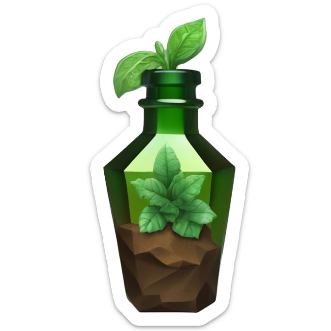 symbolic dirt humus in a bottle sculpture symbolizing Capricorn with a geometric, faceted design. The bottle is standing upright with angular and baroque features. The vibrant deep green plants colors highlights the sharp edges and planes.  sticker