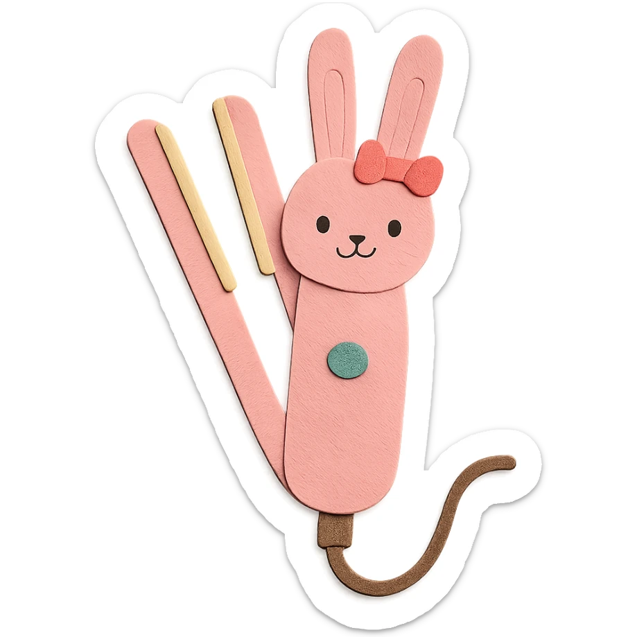 cute bunny-shaped hair straightener, tiny bow, gentle happy face, soft pink, full-body sticker
