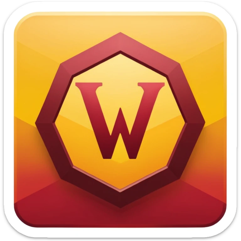 hexagon emblem with a thick yellow-to-gold outline and a dark red gradient inside. In the center, place a bold capital letter V in the same yellow-to-gold gradient as the outline. Keep the shapes clean and geometric, with smooth color transitions and no background color. sticker