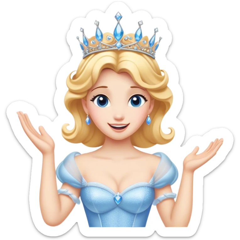 Cinematic Playful Cinderella Portrait Emoji, Blushing with excitement, hands clasped near her heart, eyes wide with anticipation, her tiara slightly askew from an unexpected twirl, a radiant princess caught in a moment of joy, utterly captivating! sticker