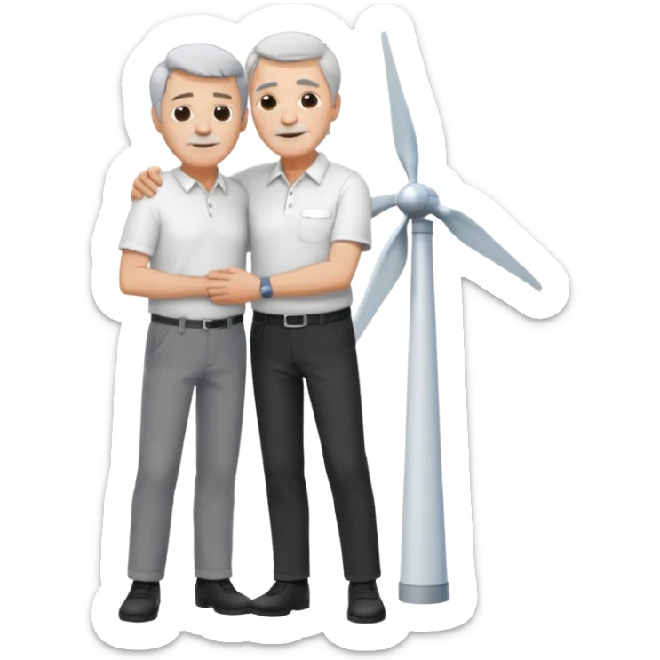 an older white man with grey hair and a white shirt and black pants , hugging a silver wind turbine sticker