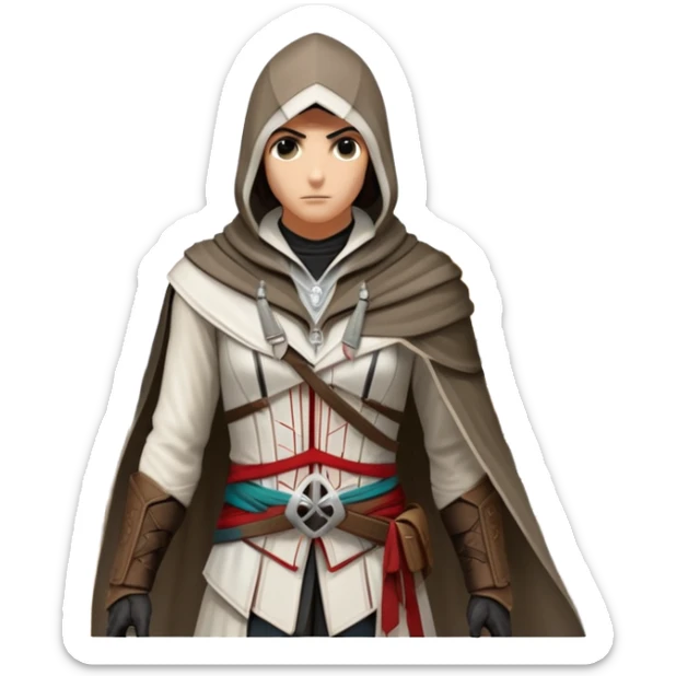 icon featuring Assasin's Creed in an iconic assassin's hood, standing tall against the backdrop of Florence. The design captures the essence of adventure, with intricate details of historical architecture and a sense of mystery. The character is poised, ready for action. transparent background. sticker