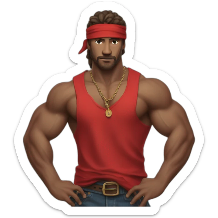 muscular man in red bandana standing sideways turns his head to face the viewer,his hand is bent in the elbow,torso sticker