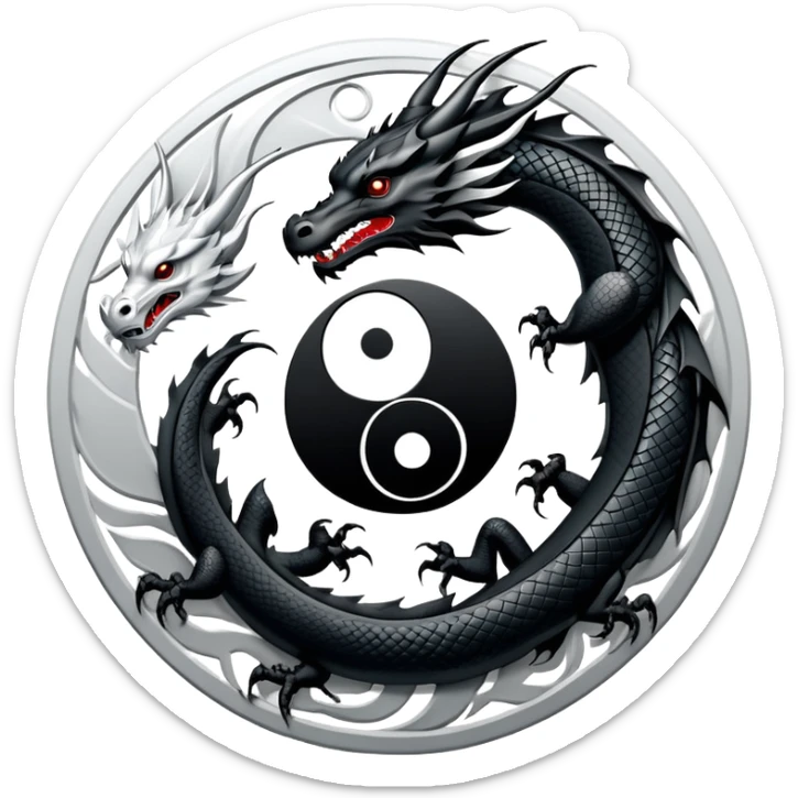 An icon symbolizing Eastern martial arts in the style of an emblem, featuring a black-and-white Yin-Yang symbol and a dragon at the center, surrounded by elements like a dojo. Transparent background highlights balance and power. sticker