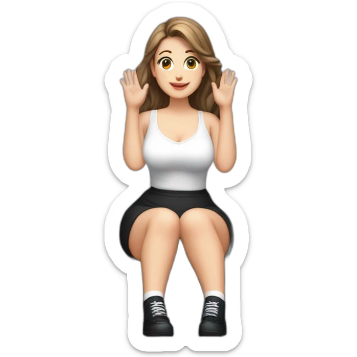 front view full body curvy caucasian beauty sitting straight hands up black skirt white knickers long white socks sticker