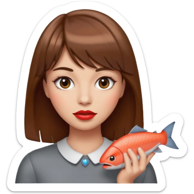 woman with brown hair, right bangs salmon red, grey eyes emoji sticker