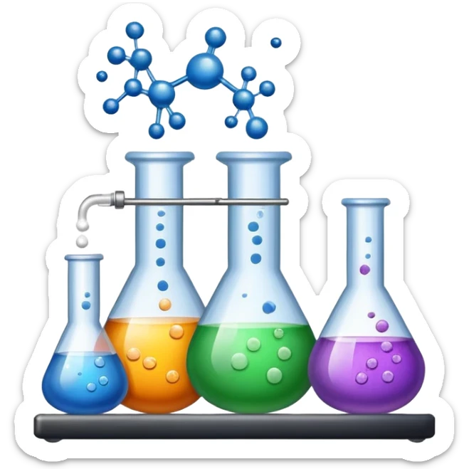 An icon featuring chemical flasks, liquids, powders, and chemical formulas, symbolizing the science of chemistry. The design includes bubbling reactions, molecular structures, and test tubes, representing experimentation and chemical analysis. Transparent background. sticker